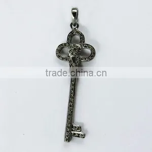 925 Sterling Silver Diamond Key Pendant, Silver Jewellery India, Handmade Silver Jewellery thumbnail-1