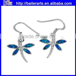 Hawaiian Silver Jewelry 925 Silver Rhodium Synthetic Blue Opal Dragonfly Dangle Earring thumbnail-1