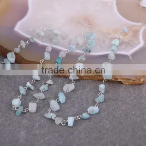 Blue Aquamarine Chip Beads Link Rosary Chains, Brass Silver Plated Wire Wrapped Chain thumbnail-4