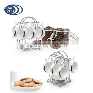 Metal Wire Rack for Organizing 6 Saucers & 6 Cups & 6 Spoons Espresso Set Rack Tea Set Display Stand thumbnail-2