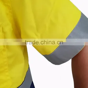 OEM Mining Workwear Uniform Mens Button-front Yellow Cotton Twill Work Shirt With Hi Vis Tapes thumbnail-4