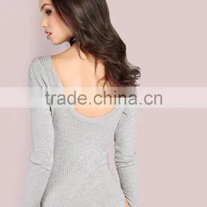Gray Sleeved Rib Knit Bar Bust Bodysuit 95% Rayon 5% Spandex Sexy Scoop Neck With Criss Sweater thumbnail-4