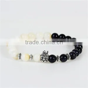 New Fashion Black & White Antique Silver Monkey Head Elastic Stone Lava Blue Sand Beaded Healing Bracelet thumbnail-1