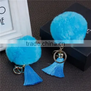 Fashion Gold Plated Blue Angora Rayon Tassel Key Chain Pompom thumbnail-3