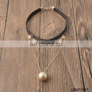 Big Gold Pearl Disc Pendant Necklace Black Leather Choker Necklace Sets thumbnail-2