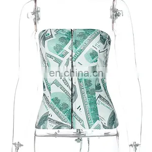Dollar Print Women Corset Top Tanks Crops Lace Up Bandage Cross Buster V Neck Bodycon Sexy Party Streetwear Club Elegant thumbnail-7