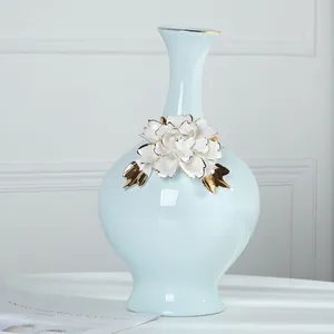 European Modern Simple Art Fresh Fashion Gild Blue Ceramic Plant Vase For Office Decor thumbnail-3