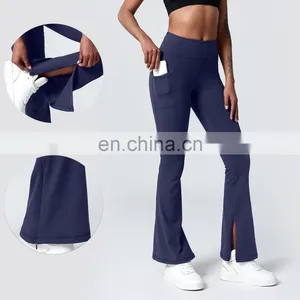 Fashion Morning Glory Design High Waist Gym Wear Bottom Zipper Flares Yoga Pants Leggings With Pockets For Women thumbnail-1