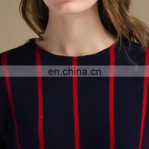 Winter Casual Navy Blue Vertical Stripe Patterned Cashmere Sweater for Women thumbnail-3