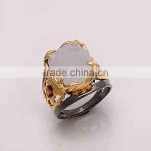925 SOLID STERLING FINE SILVER RAINBOW MOONSTONE ROUGH RING BLACK & GOLD RHODIUM thumbnail-1