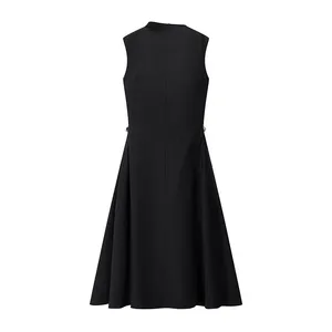 Summer New Women's Clothing European and American Sweet and Fresh Pure Color Sleeveless Elegant High Waisted Round Neck Dress thumbnail-4