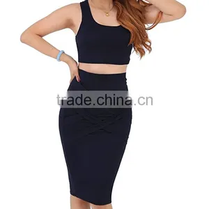 Womens Sexy Crop Top Long Skirt Two Piece Black Club Dress Bodycon Bandage Dress thumbnail-2