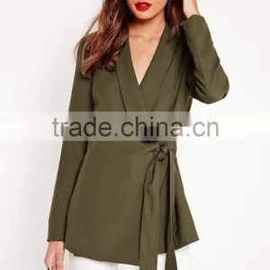 Latest Lady Khaki Tie Front Casual Soft Blazer Elegant Design thumbnail-2