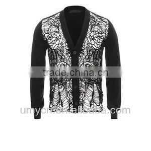 Men's New Flower Mesh Knitted Long Sleeve Cardigan thumbnail-1