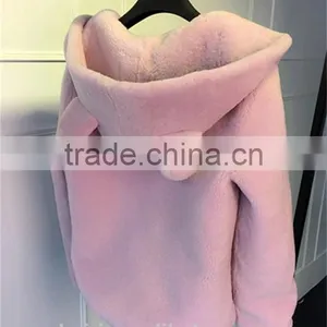 2016 Fashion Lovely Womens Korean Winter Warm Plush Rabbit Ears Hooded Thick Elastic Waist Jacket Ladies Fur Coats thumbnail-5