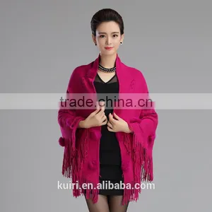 High Quality Beige Female Cashmere Shawl Rabbit Fur Pashmina Triangle Scarf Tassels Wrap thumbnail-2