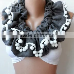 Scarf,Gray Loop Scarf, Ruffle Scarf, Gray Infinity Scarf, Circle, Gray Pashmina,Christmas Scarfs, Pompom Scarf, Fashion,cowl Sca thumbnail-2