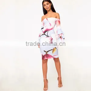 Ruffle Flare Sleeve Digital Floral Print off Shoulder Bodycon Bardot Dress thumbnail-6