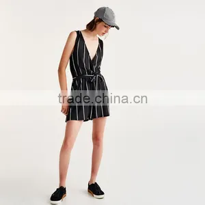 2017 Hot Sale V-neck Short Women Cotton Striped Jumpsuit thumbnail-5