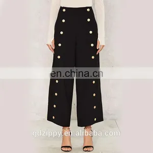 Wide Leg Palazzo Women's Pants With Gold Button Closure thumbnail-4