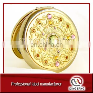 Hot Sale Popular Items Custom Made 70mm Company Souvenir Embossed Design Shiney Gold Metal Crystal Cosmetic Mirror thumbnail-1