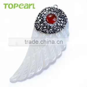 Topearl Jewelry Angel Wing White Shell Pendant Rhinestones Clay Pave Red Agate Stone Pendant for Women SPD04 thumbnail-1