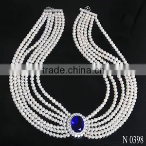 Fashion Jewelry Pearl Factory Supply Natural Freshwater Pearl Necklace With Blue Stone thumbnail-1