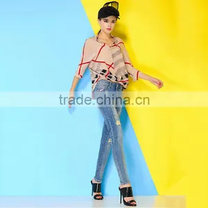 Two Color 3/4 Sleeve Fashion Design 2015 New Design Chiffon Ladies Blouse thumbnail-2