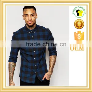 Man Skinny Shirt in Navy Buffalo Check With Long Sleeves thumbnail-1