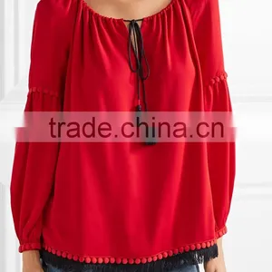Clothes Women Cheap Ruffle Raglan Shirt Red Color thumbnail-1
