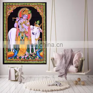 Indian Latest Poster Throw Cotton Wall Decor Lord Krishna Home Decor Poster Meditation Wall Hanging Tapestry 45X30 Inch thumbnail-1