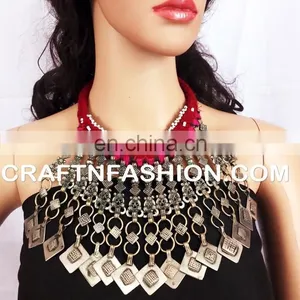 Vintage Style Kuchi Necklace - Afghan Bib Tribal Old Necklace - Designer Afghani Bohemian 1960s Jewelry thumbnail-3