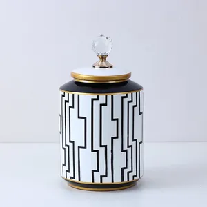 European Simple Style Black Labyrinth Pattern Ceramic Flower Vases With Crystal Lid For Home Decoration thumbnail-2