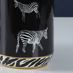 Nordic Style Entry Luxury Black Zebra Painting Cylinder Ceramic Flower Storage Vases With Lid For Home Decoration thumbnail-2