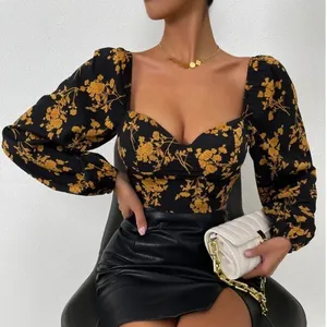 Floral Print Women Long Sleeve Crop Blouse thumbnail-3