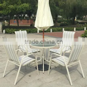 All Weather Proof Coffee Brown 5 Piece Outdoor Garden Balcony Aluminum Sling Patio Furniture Round Glass Dining Table Chair Set thumbnail-5