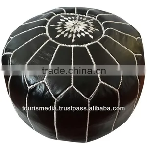 Handmade Moroccan Black Leather Pouffe Ottoman Pouf Footstool With White Stitching thumbnail-1