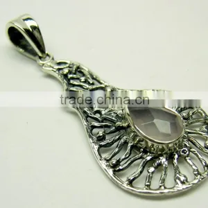 Rose Quartz Pear Oxidised Facet Pendant, 925 Solid Sterling Silver Pendants, Designer Bezel Jali Pendant thumbnail-1