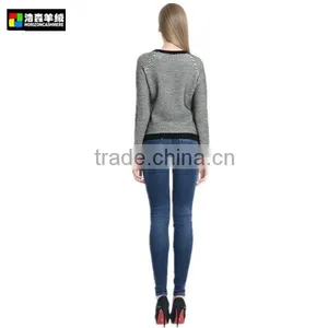 Grey Long Sleeve Cardigan, Knitted Pattern Cashmere Pullover thumbnail-2