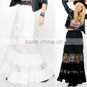 Party Wear Long Tiered Dance Skirts Lace Panelled Tassel Tie Bohemian Maxi Skirts Wholesale thumbnail-1