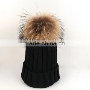 Myfur Adult Couple Beanie Hat With Real Raccoon Fur Bobble Wool Blend Hat thumbnail-1