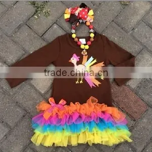 2014 New Baby Girls Thanks Giving Turkey Dress Pant Set With Matching Bow and Necklace Set thumbnail-2