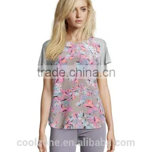 2015 Fashion Short Sleeve Tropical Flower Print Top Wholesale Custom T-shirt thumbnail-2