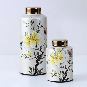 Chinese New Style Entery Luxury Yellow Butterfly And Flower Painting Ceramic Vases With Lid For Home Decoration thumbnail-3