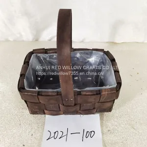 Handwoven Wood Chip Brown Storage Basket Flowers Gift Basket thumbnail-1
