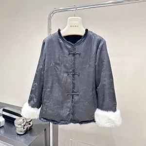 A New Chinese-style Traditional Chinese Coat and Fur One-piece Women's Autumn and Winter Rabbit Fur Dress With a Round Neck thumbnail-2