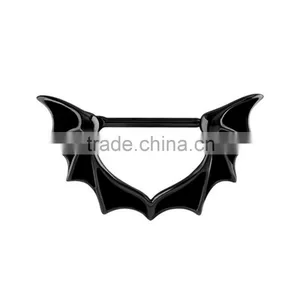 Black Surgical Steel Bat Wing Nipple Clicker Ring thumbnail-1