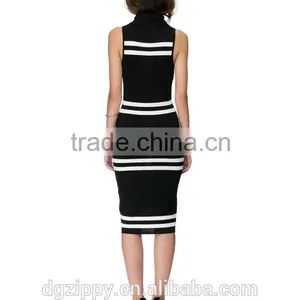 2015 Black and White Stripes Midi Dress Ribbed Neck Line Fashion Woman Dress thumbnail-4