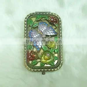 Butterfly and Flower Bronze Pocket Mirror With Rhinestone thumbnail-1