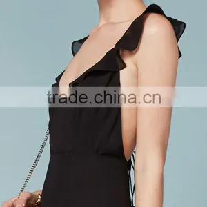 Plain Black Sexy Deep v Lace Short Sleeve Backless Evening Dress thumbnail-3